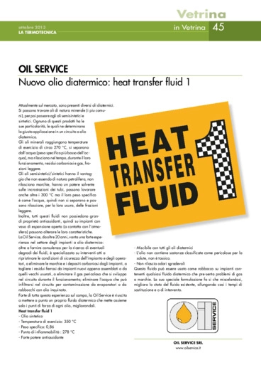 Oil Service. Nuovo olio diatermico: Heat Transfer Fluid 1