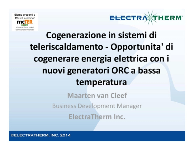 Opportunita' di cogenerare energia elettrica con i nuovi generatori ORC a bassa temperatura
