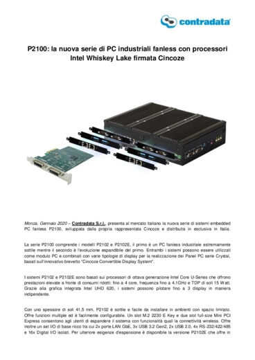 P2100: la nuova serie di PC industriali fanless con processori Intel Whiskey Lake firmata Cincoze