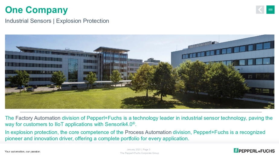 Panoramica dell'azienda Pepperl+Fuchs, esperta nel campo delle tecnologie e sensori.