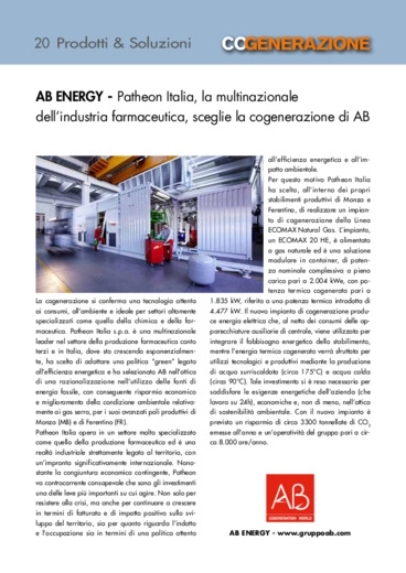 Patheon Italia, la multinazionale dellindustria farmaceutica, sceglie la cogenerazione di AB