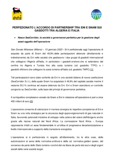 Perfezionato l'accordo di partnership tra Eni e Snam sui gasdotti tra Algeria e Italia