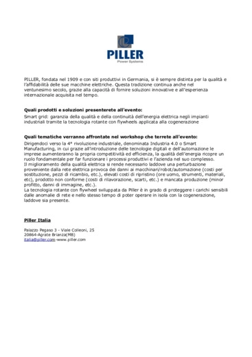 Piller presenta Smart grid: garanzia della qualit e della continuit dell'energia elettrica negli impianti industria