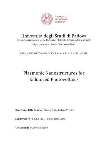 Plasmonic Nanostructures for Enhanced Photovoltaics