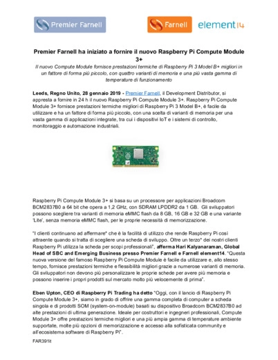 Premier Farnell ha iniziato a fornire il nuovo Raspberry Pi Compute Module 3+