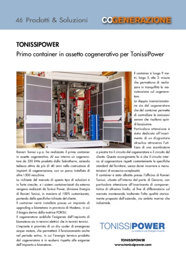 Primo container in assetto cogenerativo per TonissiPower