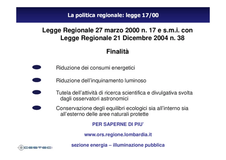 Pubblica illuminazione e risparmio energetico: le attività in Regione Lombardia