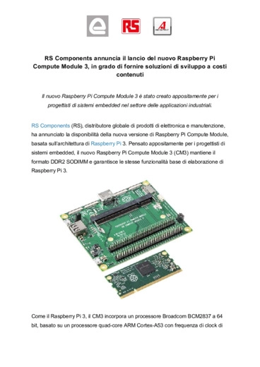 RS Components annuncia il lancio del nuovo Raspberry Pi Compute Module 3
