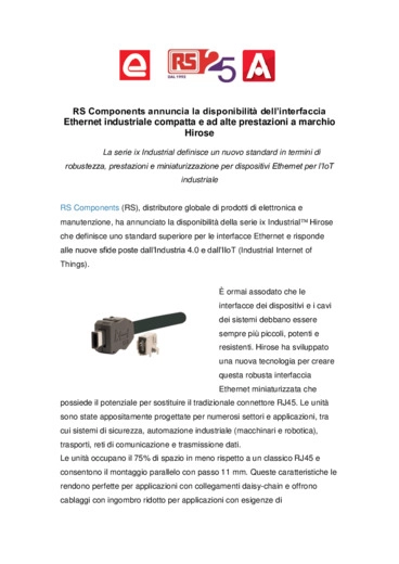 RS Components annuncia la disponibilit dellinterfaccia Ethernet industriale compatta e ad alte prestazioni a marchi