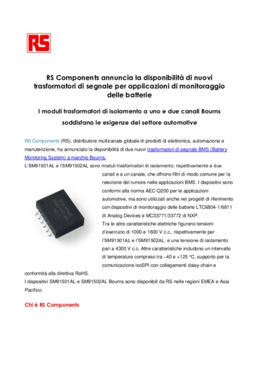 RS Components annuncia la disponibilit di nuovi trasformatori di segnale per monitoraggio delle batterie