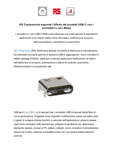 RS Components espande lofferta dei prodotti USB-C con i connettori e cavi Molex