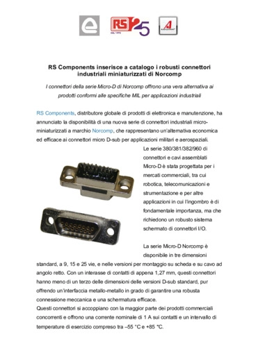 RS Components inserisce a catalogo i robusti connettori industriali miniaturizzati di Norcomp