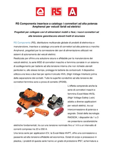 RS Components inserisce a catalogo i connettori ad alta potenza Amphenol per veicoli ibridi ed elettrici