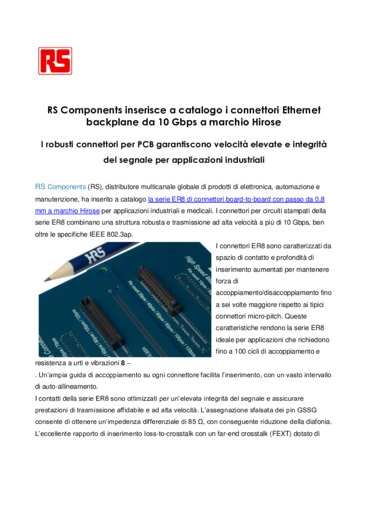 RS Components inserisce a catalogo i connettori Ethernet backplane da 10 Gbps a marchio Hirose