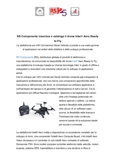 RS Components inserisce a catalogo il drone Intel Aero Ready to Fly