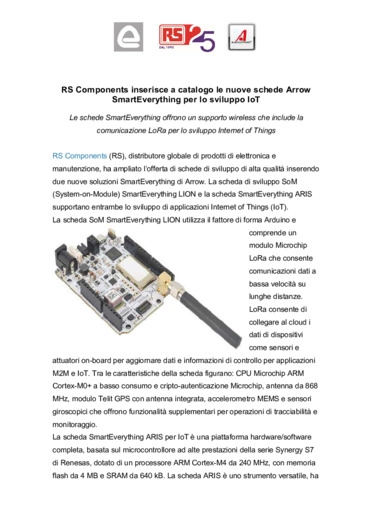 RS Components inserisce a catalogo le nuove schede Arrow SmartEverything per lo sviluppo IoT