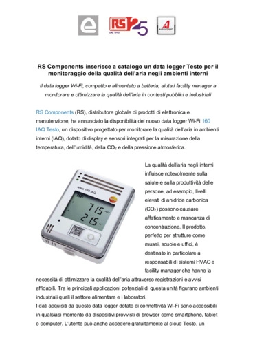 RS Components inserisce a catalogo un data logger Testo per il monitoraggio della qualità dell’aria negli ambienti in