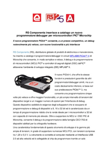 RS Components inserisce a catalogo un nuovo programmatore/debugger per microcontrollori PIC Microchip