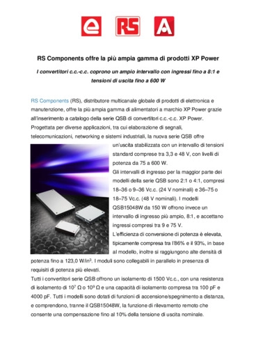 RS Components offre la pi ampia gamma di prodotti XP Power