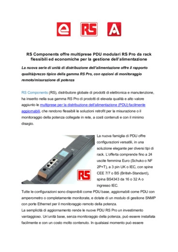 RS Components offre multiprese PDU modulari RS Pro da rack flessibili ed economiche per la gestione dellalimentazione