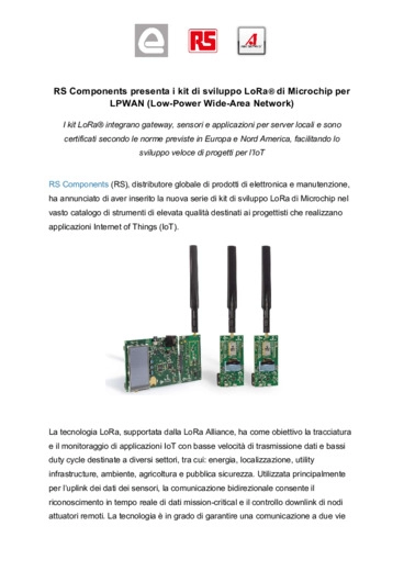 RS Components presenta i kit di sviluppo LoRa di Microchip per LPWAN (Low-Power Wide-Area Network)