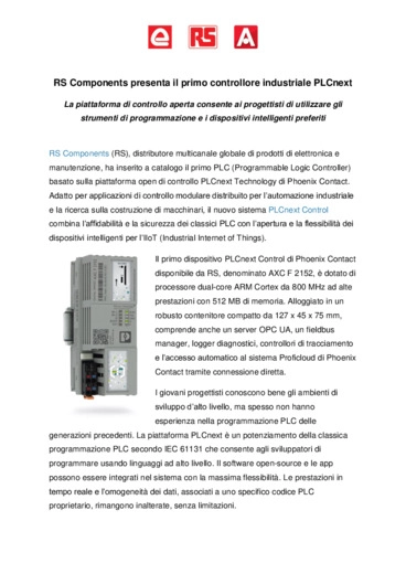 RS Components presenta il primo controllore industriale PLCnext