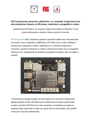 RS Components presenta LattePanda, un computer single-board ad alte prestazioni destinato a progettisti e maker
