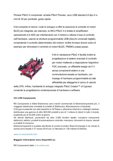 RS Components presenta un nuovo sistema di controllo motore a marchio Cypress con kit di sviluppo di elevata qualit