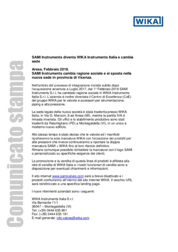 SAMI Instruments diventa WIKA Instruments Italia e cambia sede