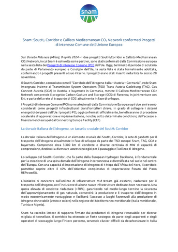 Snam: SoutH2 Corridor e Callisto Mediterranean CO2 Network confermati Progetti
