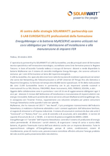 Solarwatt annuncia la partnership con Eurosatellite professionisti della formazione