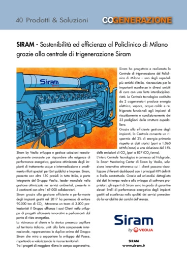 Sostenibilit ed efficienza al Policlinico di Milano grazie alla centrale di trigenerazione Siram