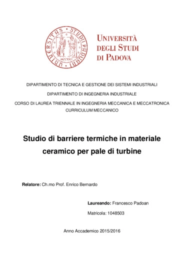 Studio di barriere termiche in materiale ceramico per pale di turbine