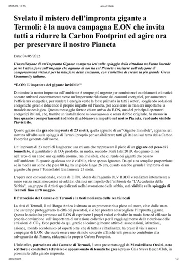 Svelato il mistero dell'impronta gigante a Termoli:  la nuova campagna E.ON per ridurre la Carbon Footprint ed agire ora per preservare il Pianeta