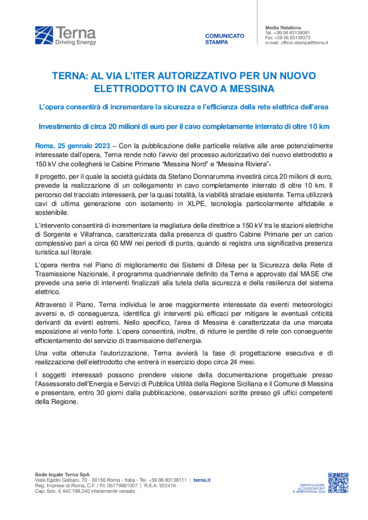 Terna: al via l'iter autorizzativo per un nuovo elettrodotto in cavo a Messina