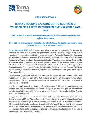 Terna e Regione Lazio: incontro sul Piano di Sviluppo della rete di trasmissione nazionale 2023-2032