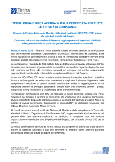 Terna: prima e unica azienda in Italia certificata per tutte le attività di compliance
