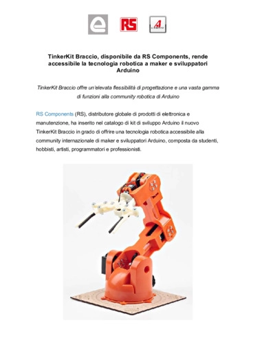 TinkerKit Braccio, disponibile da RS Components, rende accessibile la tecnologia robotica a maker e sviluppatori Arduino