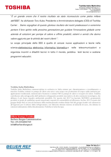 Toshiba carrier corporation premiata dall'istitute of electrical and eletronics engineers
