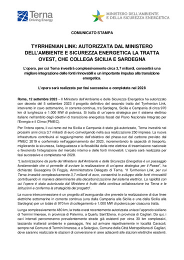 TYRRHENIAN LINK: autorizzata dal Ministero dell'ambiente e sicurezza energetica la tratta ovest, che collega Sicilia e Sardegna