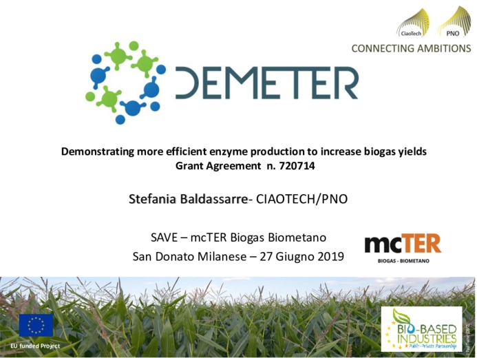 Un enzima per migliorare la resa di biogas, progetto DEMETER, finanziato da BBI-JU, attori e mercati principali