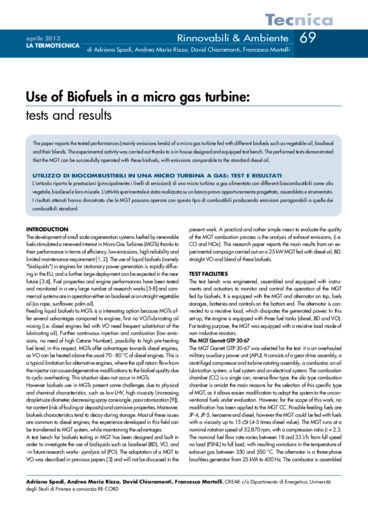 Utilizzo di biocombustibili in una micro turbina a gas: test e risultati (in lingua inglese)