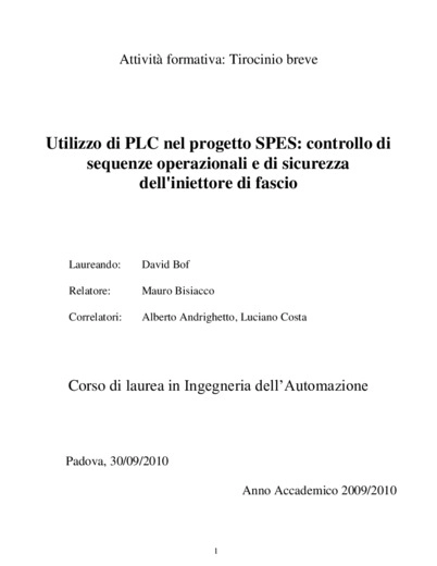 Utilizzo di PLC nel progetto SPES: controllo di sequenze operazionali e di sicurezza  dell'iniettore di fascio
