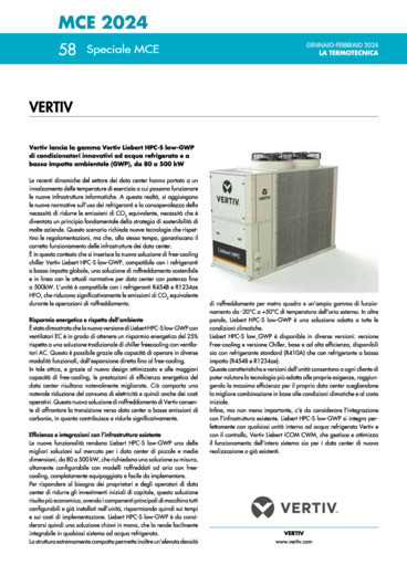 Vertiv lancia la gamma Vertiv Liebert HPC-S low-GWP di condizionatori innovativi ad acqua refrigerata e a basso impatto ambientale