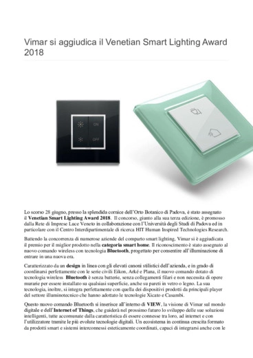 Vimar si aggiudica il Venetian Smart Lighting Award 2018