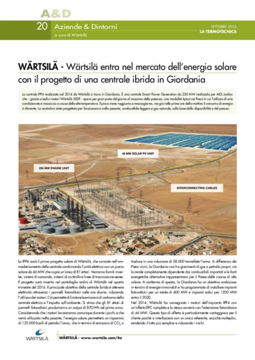 Wrtsil entra nel mercato dell'energia solare con il progetto di una centrale ibrida in Giordania