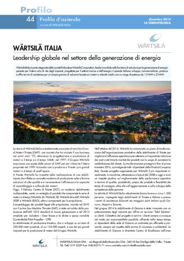 WRTSIL ITALIA. Leadership globale nel settore della generazione di energia