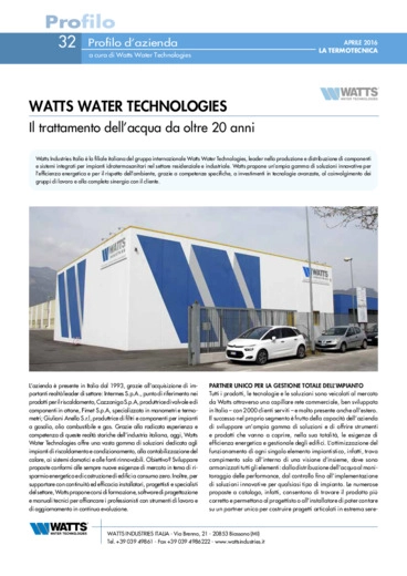 Watts Water Technologies - Il trattamento dellacqua da oltre 20 anni
